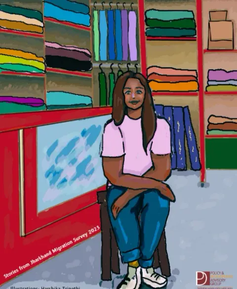 A animated depiction of Barkha running her clothing shop